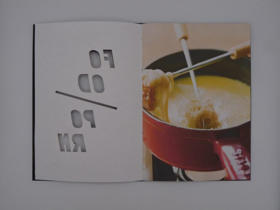 F##D P#RN ouvert : le titre découpé en réserve dans la page blanche, face à une image de fondue pleine page